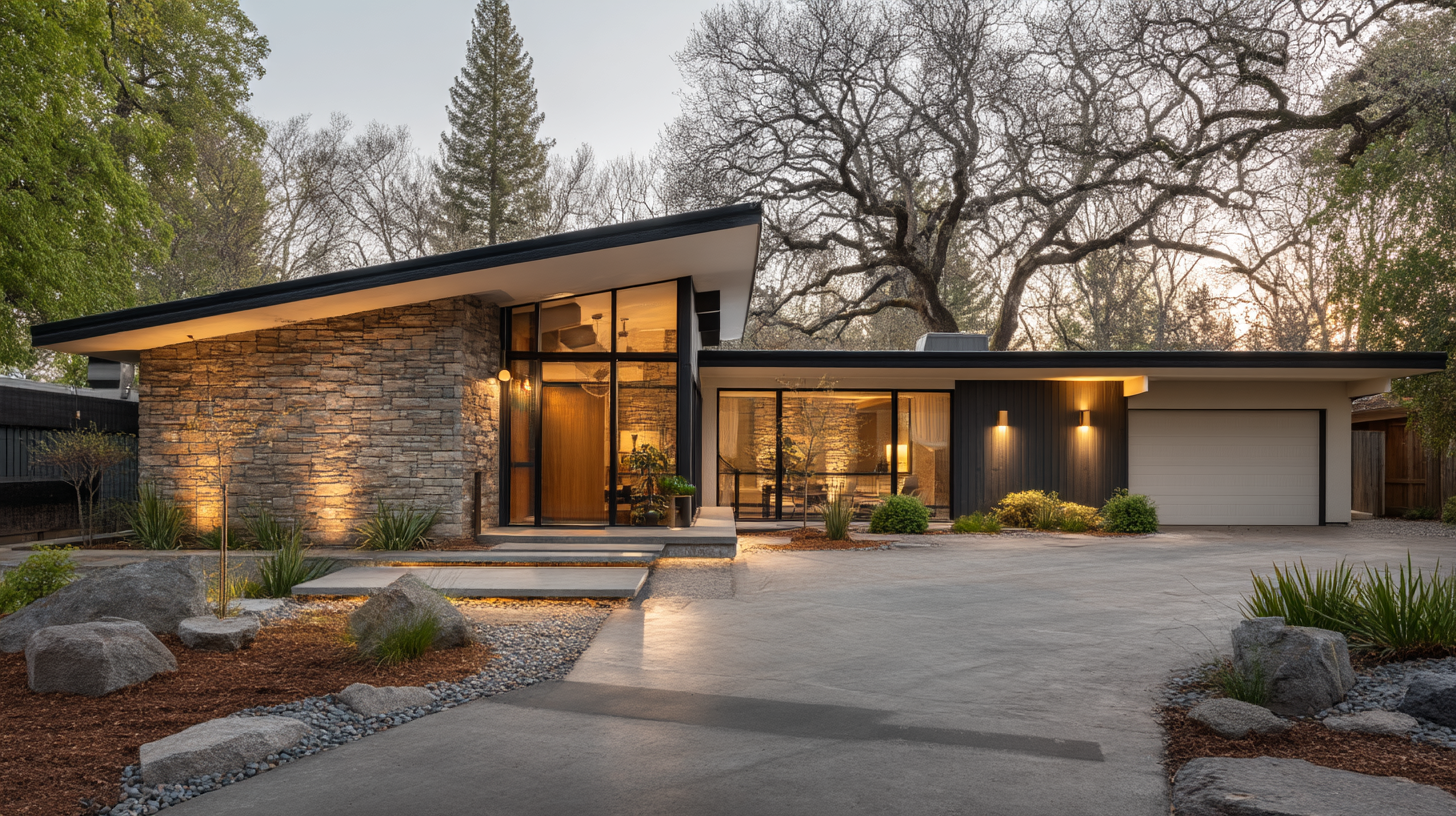 Sacramento home exterior with travertine pavers, drought-tolerant landscape, and quiet-grey cladding tuned for local resale