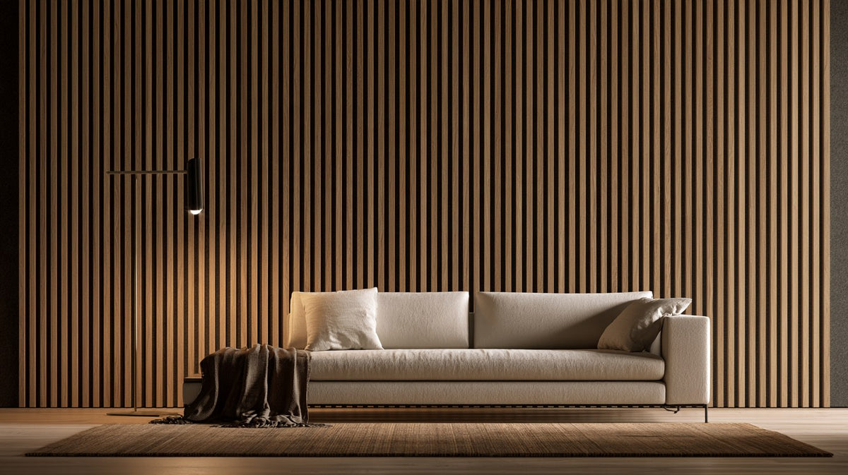A living room wall lined floor to ceiling with warm oak acoustic slat panels behind a linen sofa