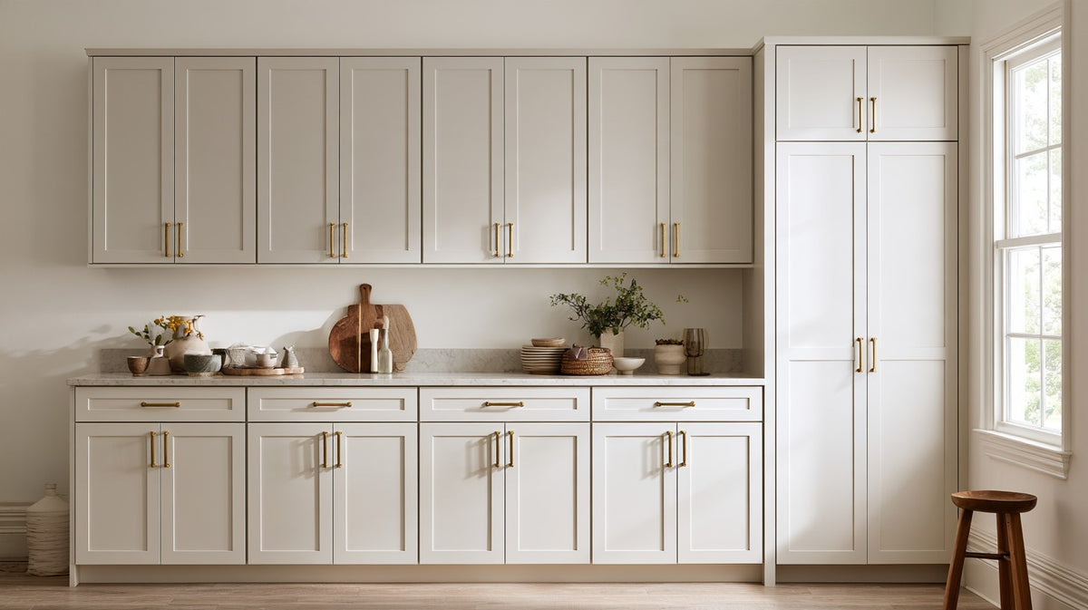A kitchen wall seen straight on: base cabinets with a stone counter, wall cabinets above and a tall pantry cabinet at the end, all in warm white shaker