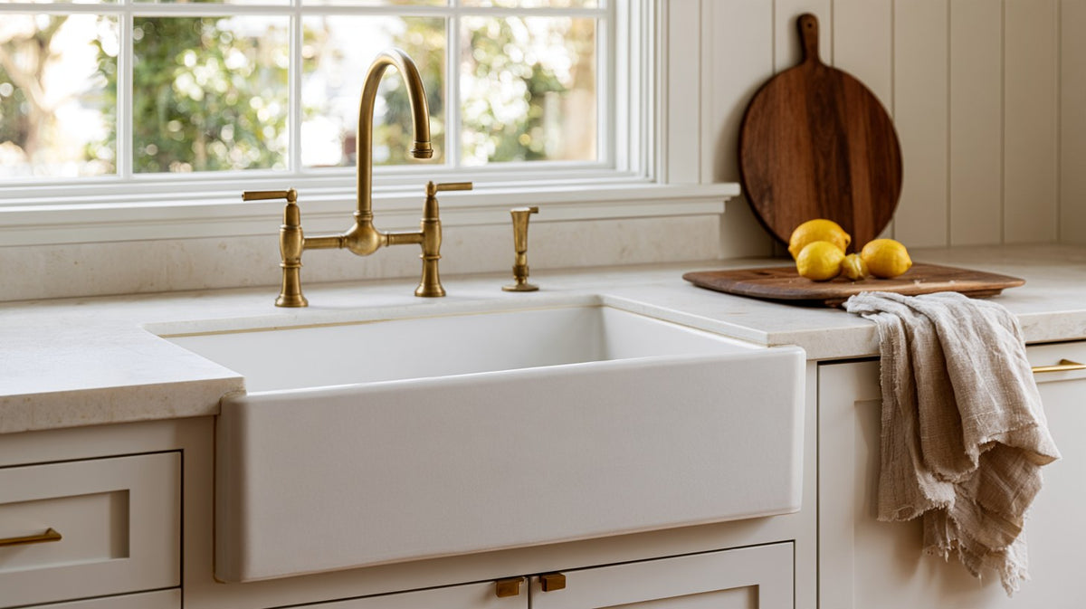 A white fireclay farmhouse sink with a brass faucet beneath a sunny kitchen window