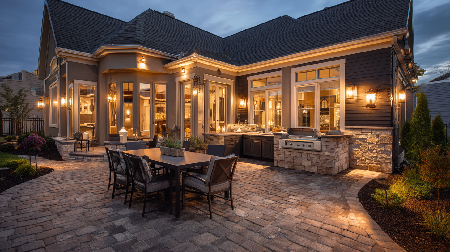 Outdoor living patio with porcelain pavers and built-in kitchen seen from indoor kitchen — resale value comparison frame