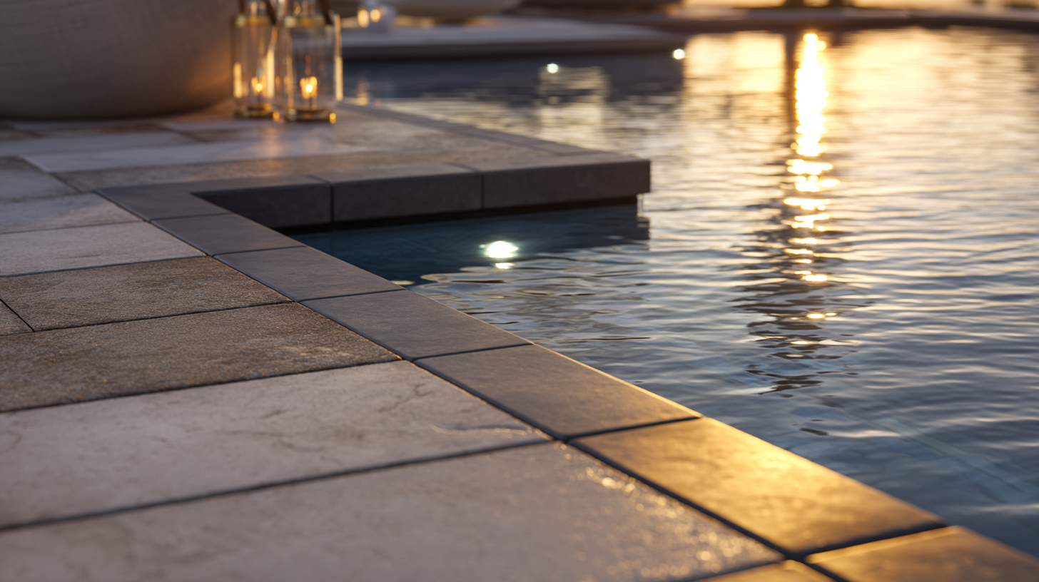 Floating pedestal porcelain pool deck pavers with shadow gaps revealing the system below, drainage and thermal movement detail