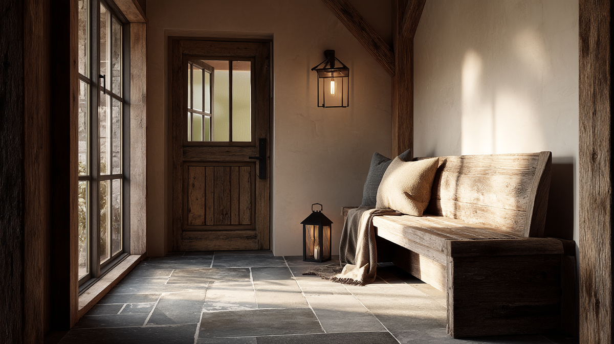 A mudroom entry floored in dark slate tile with a wooden bench and a lantern