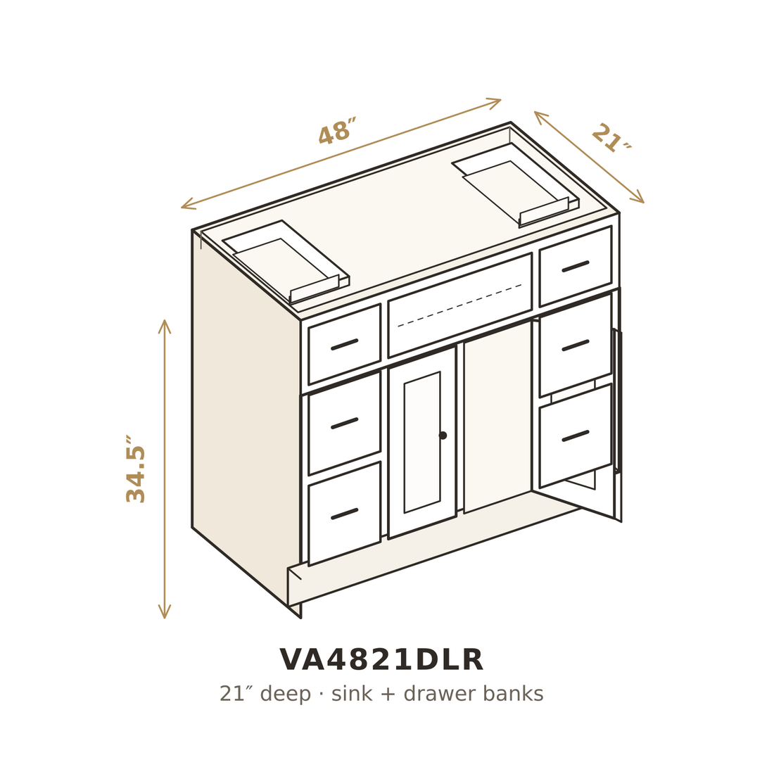 Rustic Urban Oak Vanity Base 48" with Drawers, Left & Right