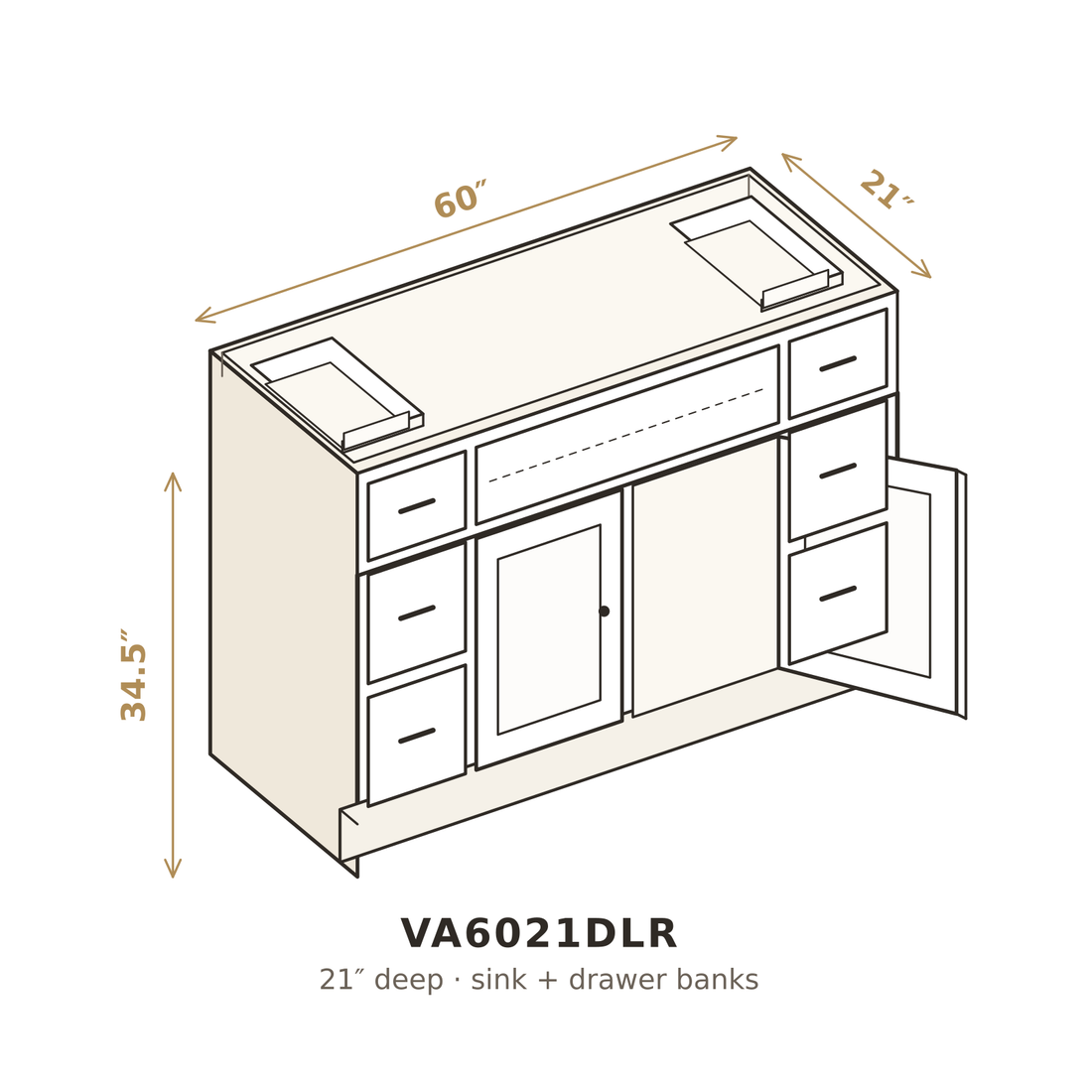 Roasted Espresso Shaker Vanity Base 60" with Drawers, Left & Right