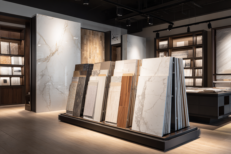 Elegant surfaces showroom with upright porcelain and stone slabs