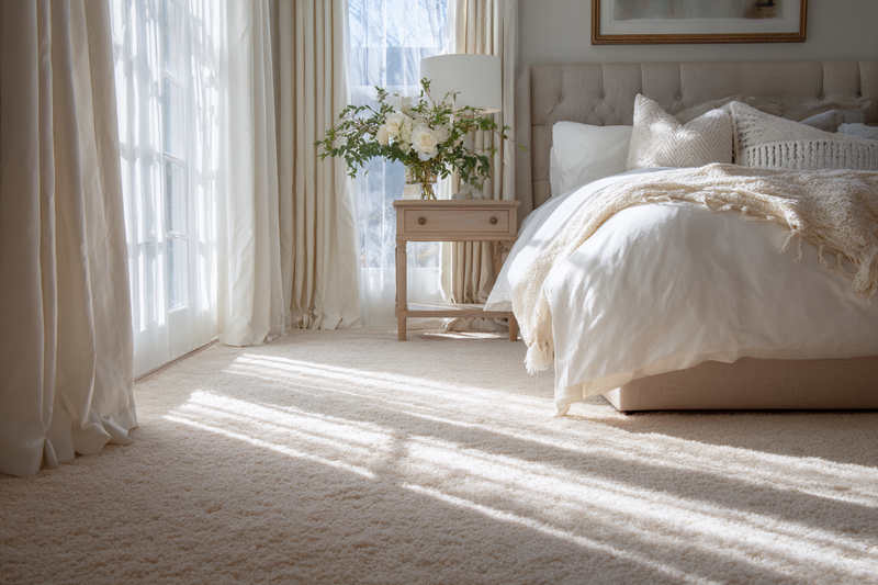 Sunlit bedroom with soft plush carpet in warm ivory