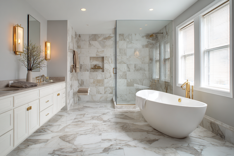Serene spa bathroom with marble-look porcelain tile floor