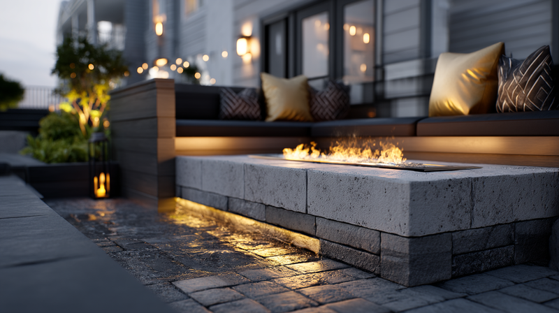 2026 outdoor living patio in warm graphite porcelain pavers with layered stone planter and sculpted copings at golden hour