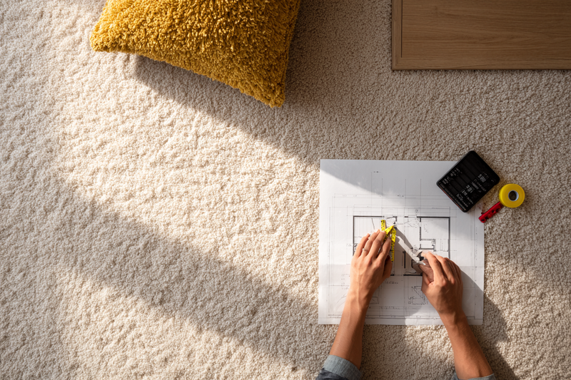 Overhead view measuring a floor plan on plush carpet