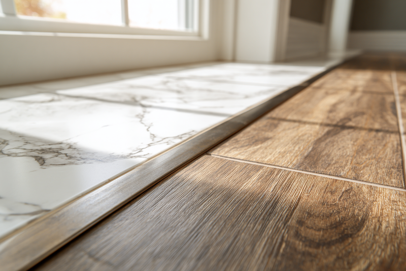 Close-up of a metal threshold where porcelain tile meets wood-look vinyl plank