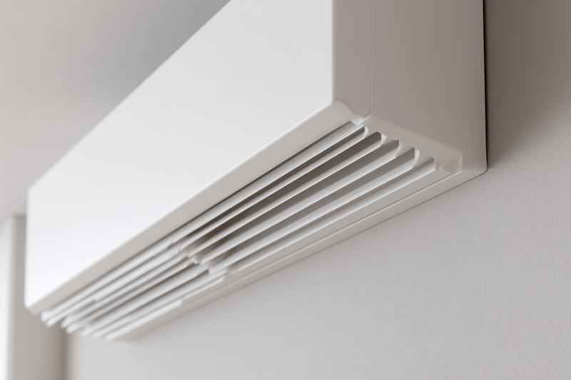 Close-up of a sleek white wall-mounted ductless mini-split unit