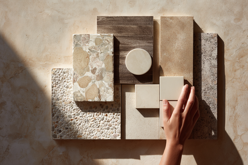 Overhead flat lay comparing porcelain and ceramic tile samples