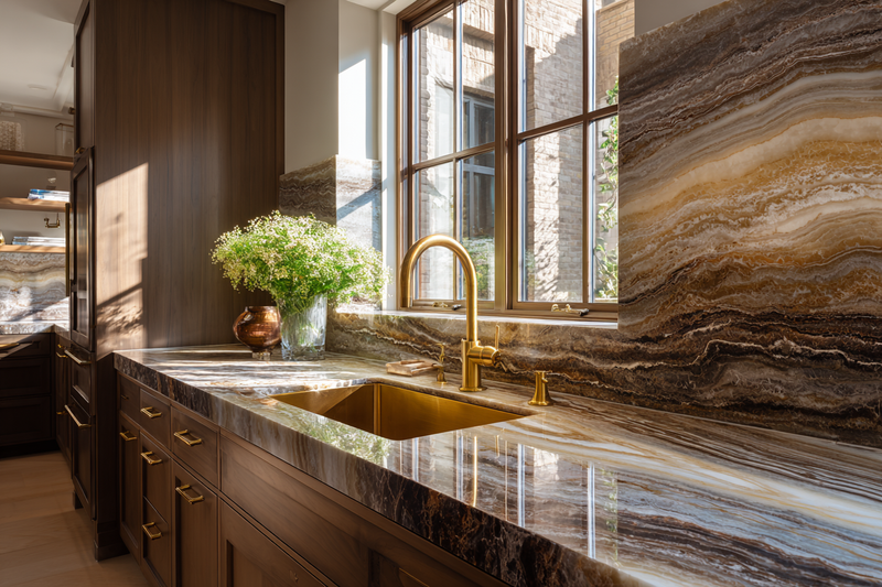 Luxury kitchen with a dramatic veined stone countertop and backsplash
