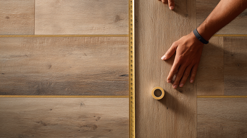 Wide 9-inch plank LVT flooring in warm Bayhill Blonde stretching across a sun-lit open living room with low furniture