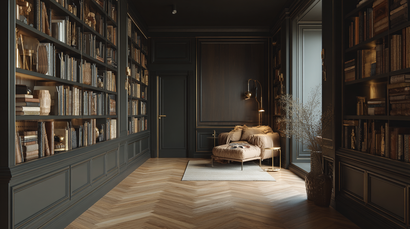 Quiet library-style room with wide oak plank floor and acoustic linen wall panels, warm reading light