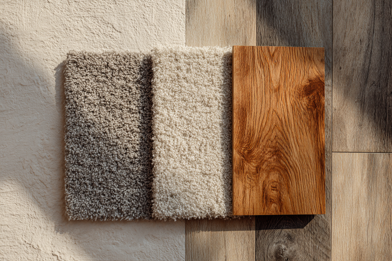 Carpet, luxury vinyl plank, and hardwood flooring samples side by side