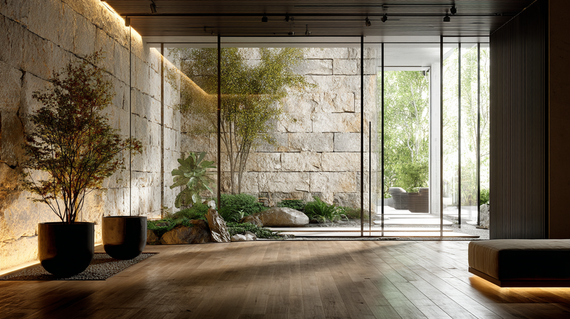 Biophilic interior with sun-washed travertine wall, live-edge oak bench, and indoor planting bringing the outside in