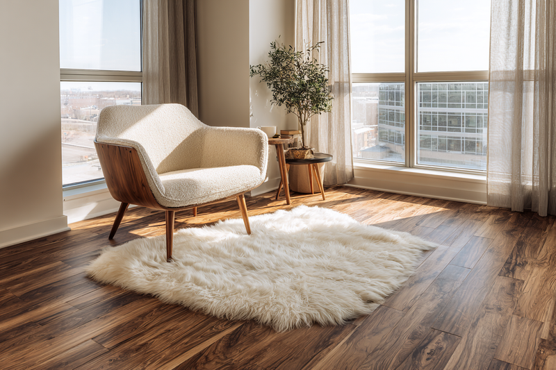 Warm living room with rich wood-look flooring and a plush rug