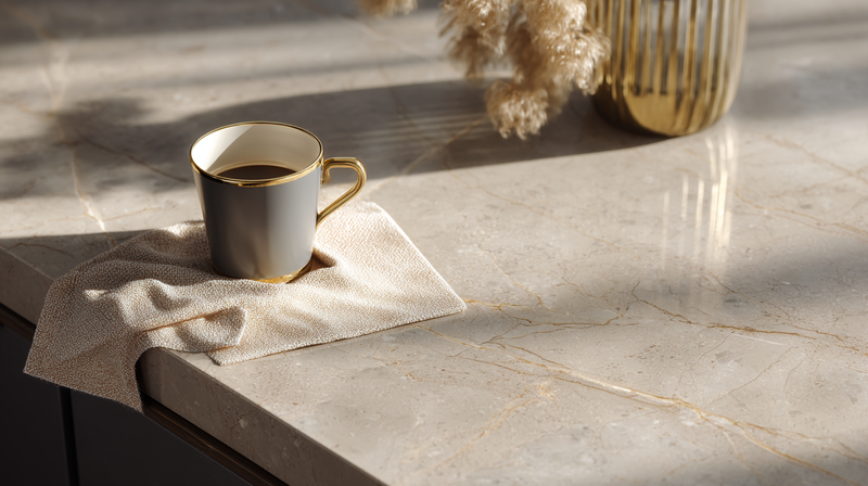 Soft cloth wiping a polished white quartzite kitchen counter with grey veining, neutral cleaner bottle and brass tap in frame