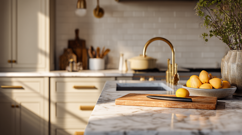 Custom slim-shaker kitchen cabinets in white oak with brass pulls, freshly installed in Alex Chernyy's remodeled kitchen