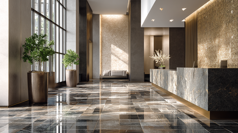 Commercial-grade porcelain tile floor in a Bidwell Consulting hospitality space, durable warm graphite finish in lobby setting