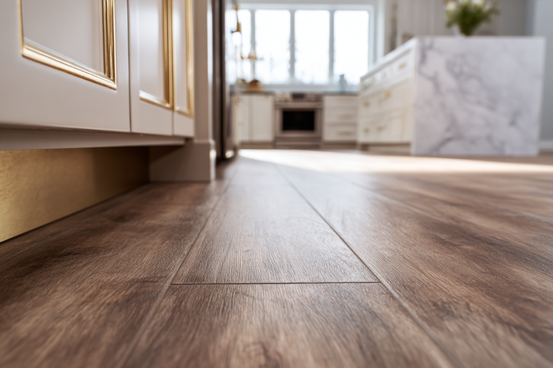 Wide-plank wood-look vinyl flooring meeting a kitchen island toe-kick
