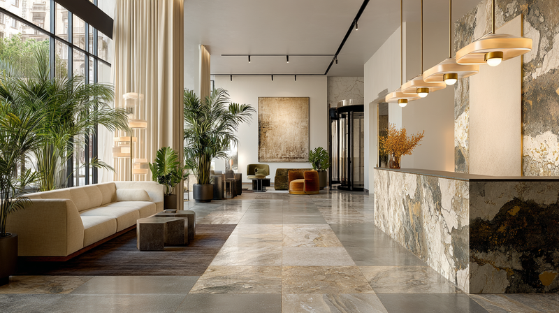 Hospitality lobby with high-wear porcelain floor tile in warm graphite, slip-rated finish under a brass-trimmed reception