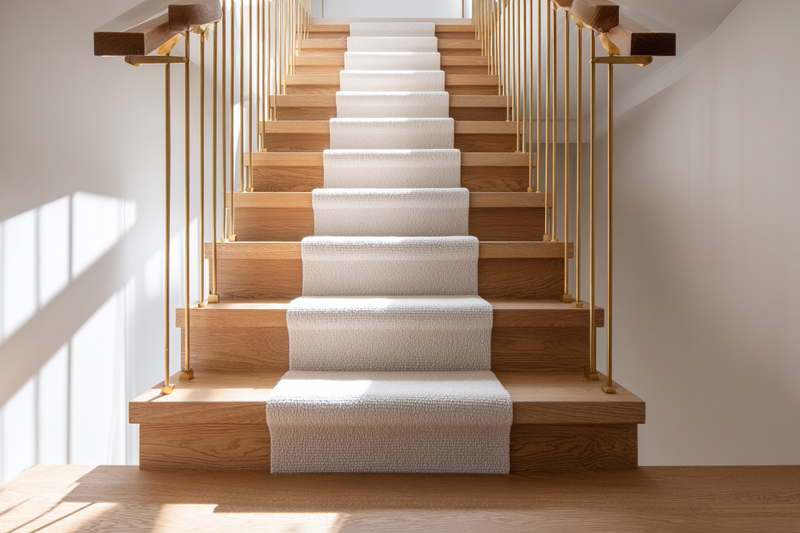 Modern oak staircase with a soft carpet runner and brass railings