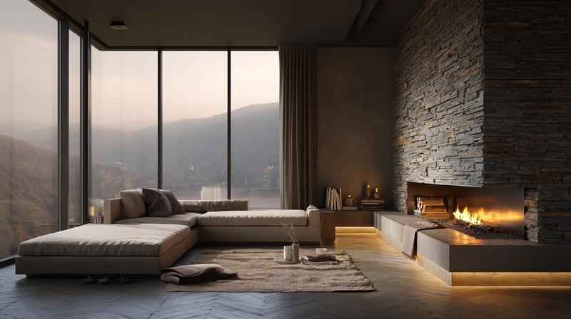 Floor-to-ceiling stacked stone fireplace surround in mixed graphite and cream, low oak hearth and quiet room with linen sofa