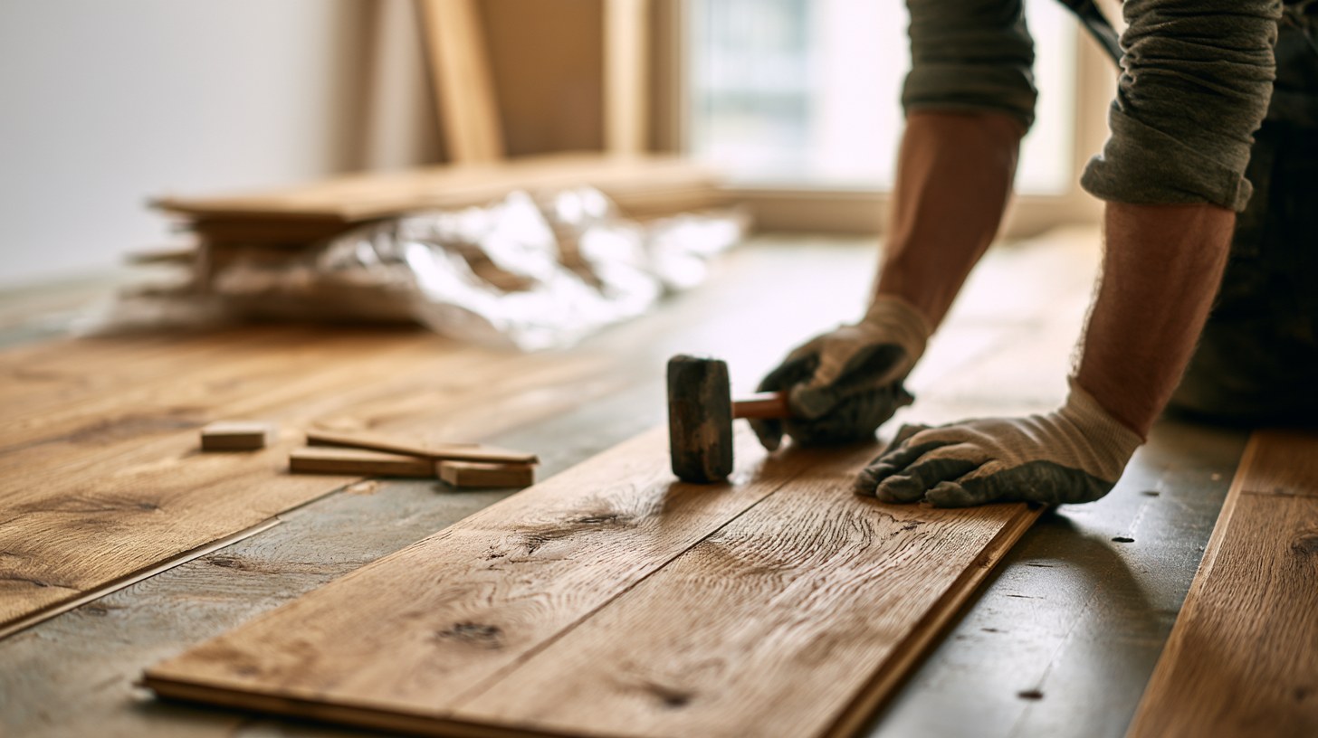 A flooring installer in gloves tapping a wide plank floorboard into place with a mallet