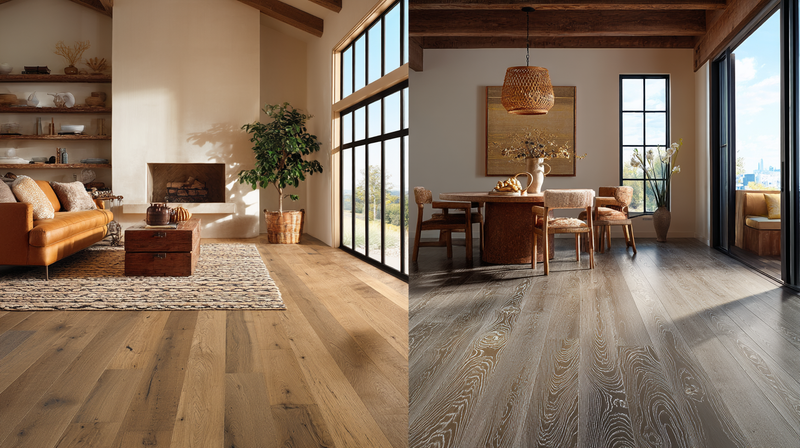 Wide oak hardwood floor transitioning to LVT and waterproof rigid-core flooring in matching warm tones, side-by-side comparison