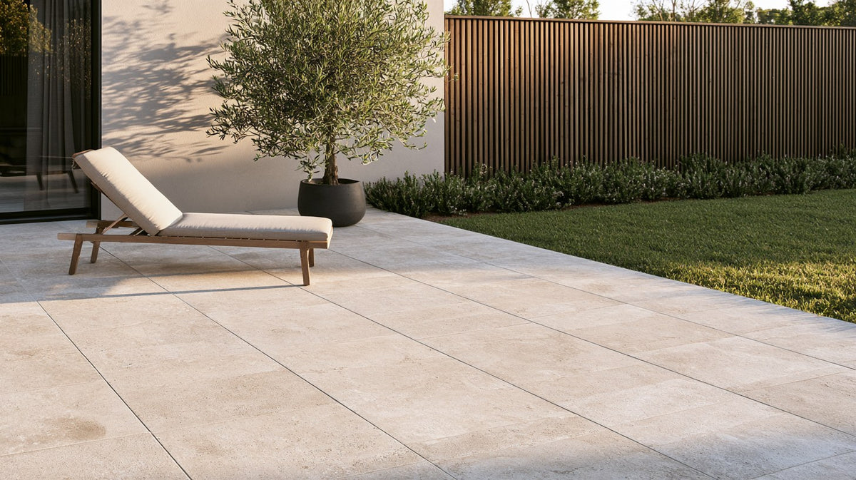 A modern patio of large light stone-look porcelain pavers with a lounge chair and potted olive tree