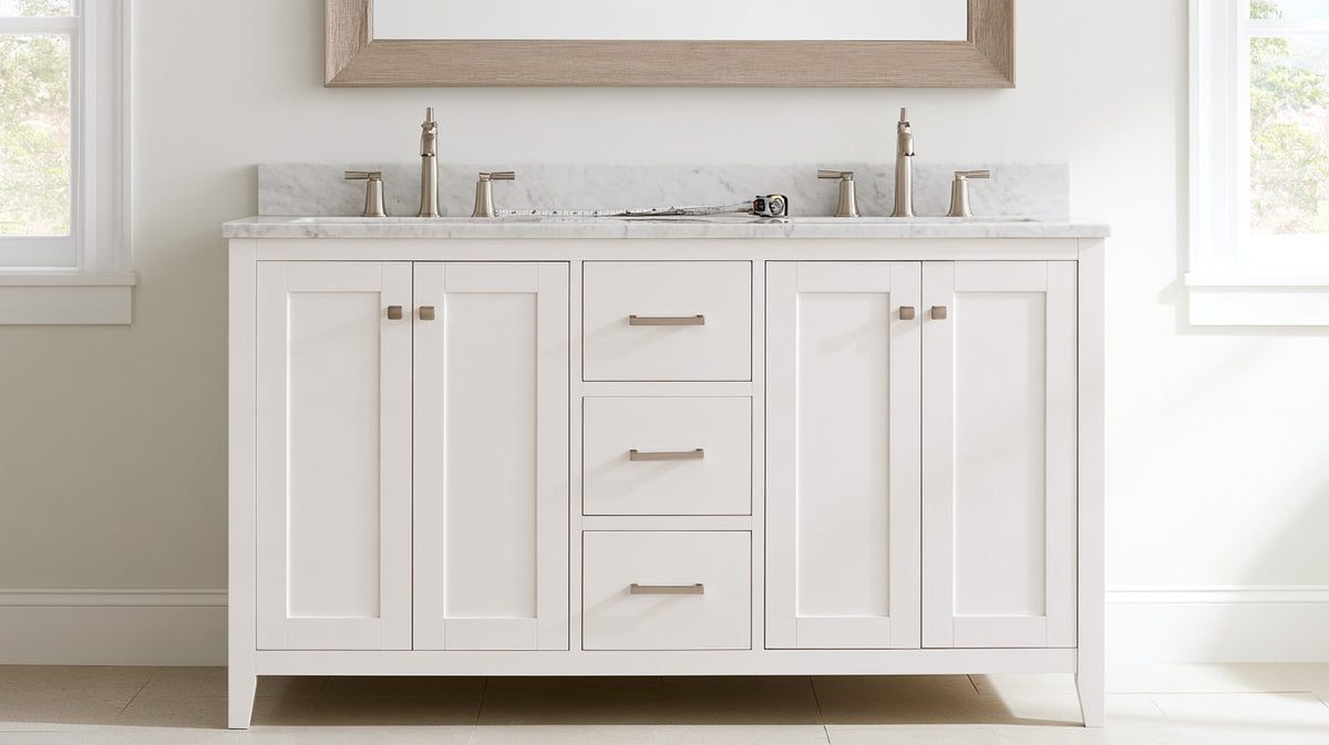 White shaker double-sink bathroom vanity with a marble top seen straight on against the full wall, a tape measure on the counter
