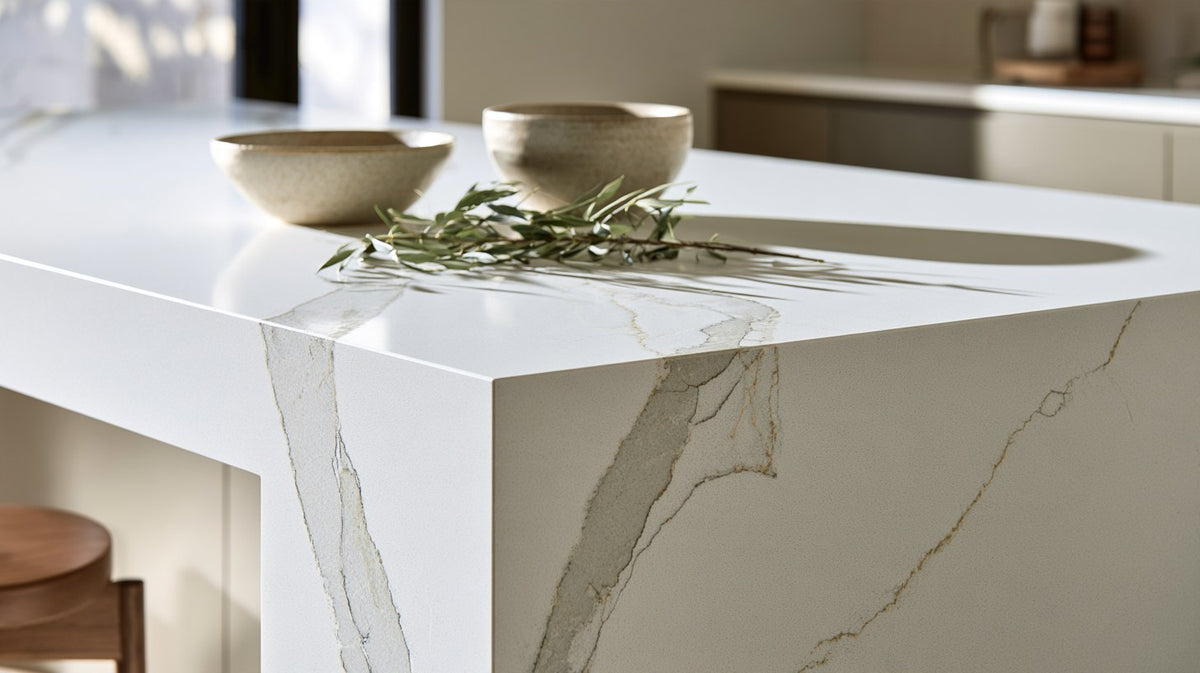 A kitchen island in white quartz with bold gray and soft gold marble-style veining and a waterfall edge
