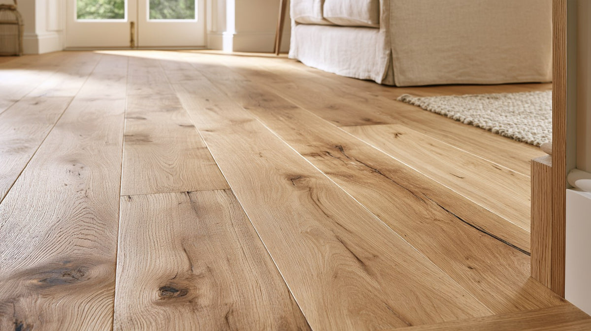 Wide natural oak hardwood planks running through a bright living room, shot low along the grain