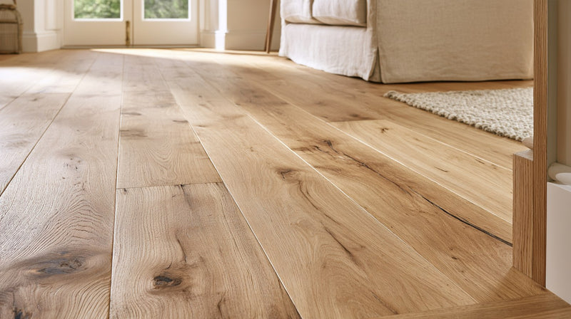 Wide natural oak hardwood planks running through a bright living room, shot low along the grain
