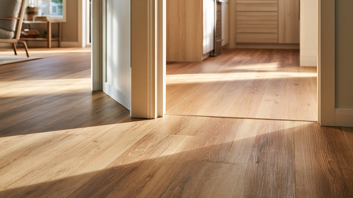 Two wood-look floors meeting at a doorway: oak-look laminate in a living room and lighter vinyl plank in a kitchen