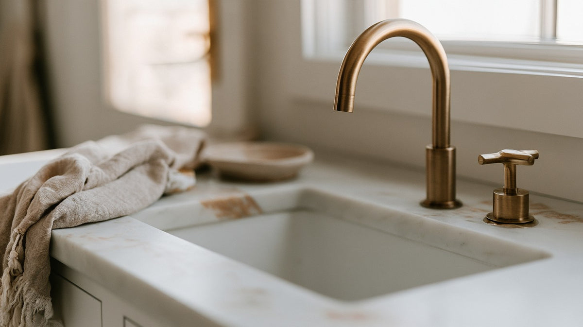 A white veined stone vanity top with an undermount basin and brass faucet in a softly lit bathroom