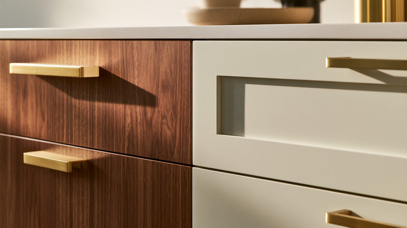 A walnut slab cabinet door beside a cream shaker door with a flat recessed panel, both with brass pulls