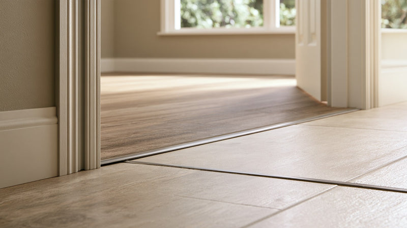 Wood-look luxury vinyl plank meeting tile at a doorway with a slim metal T-mold transition strip