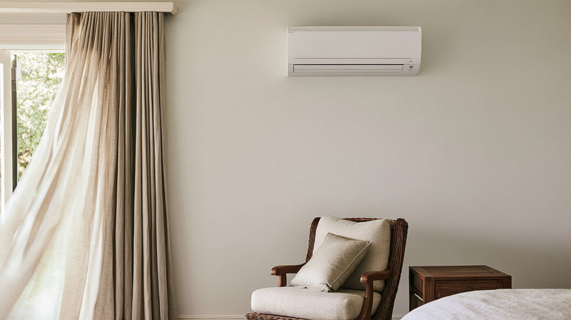 A slim white ductless mini split mounted high on the wall above a reading chair in a calm, sunlit bedroom