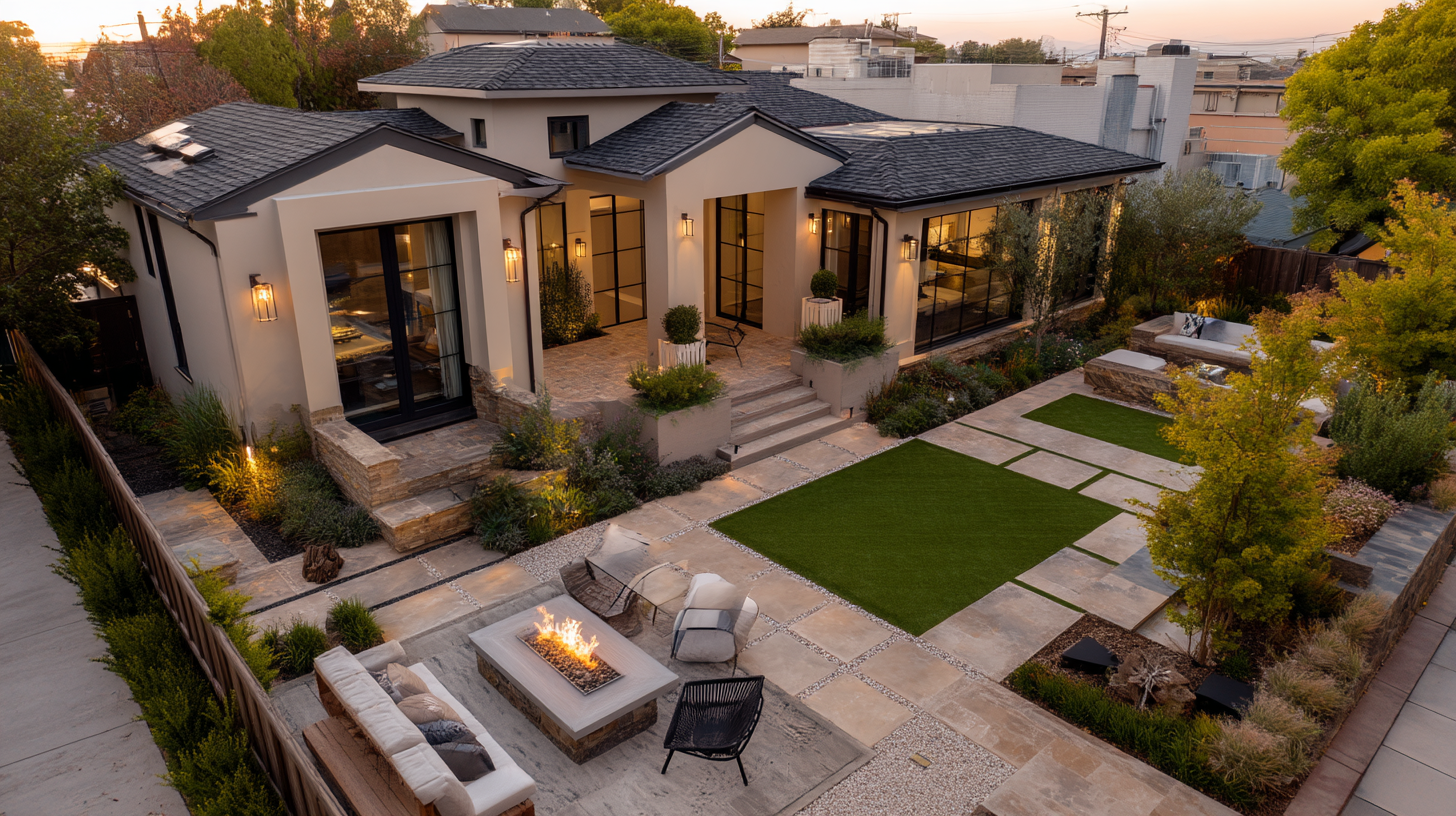 Premium hardscape backyard with travertine pavers, stacked stone wall, and built-in fire feature at golden hour