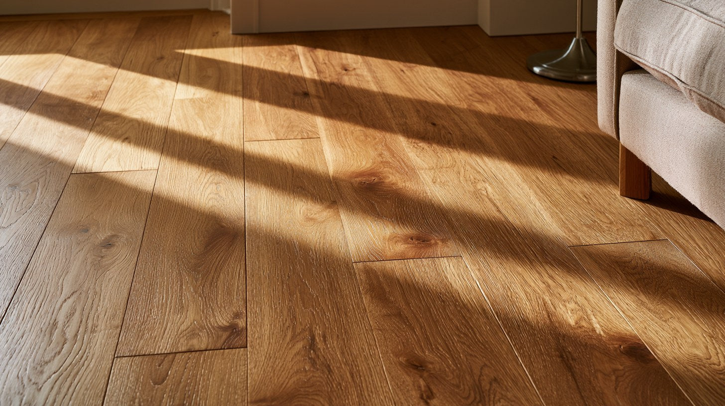 Wide plank European oak hardwood flooring in a Sacramento living room, afternoon sunlight raking across the grain and knots