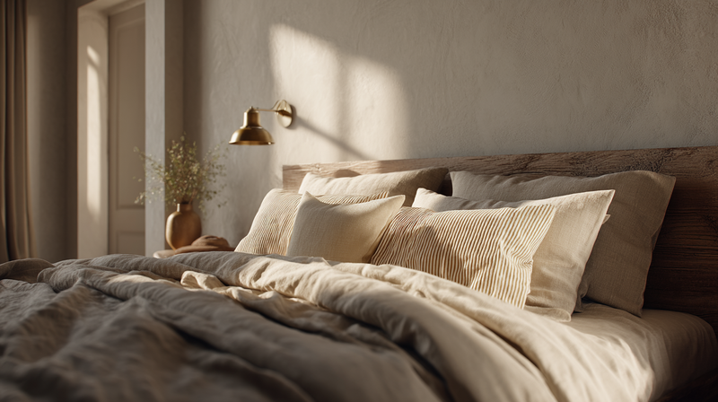 Pale wide-plank oak floor in a moonlit primary bedroom, soft reflectance bouncing low warm light across the wall