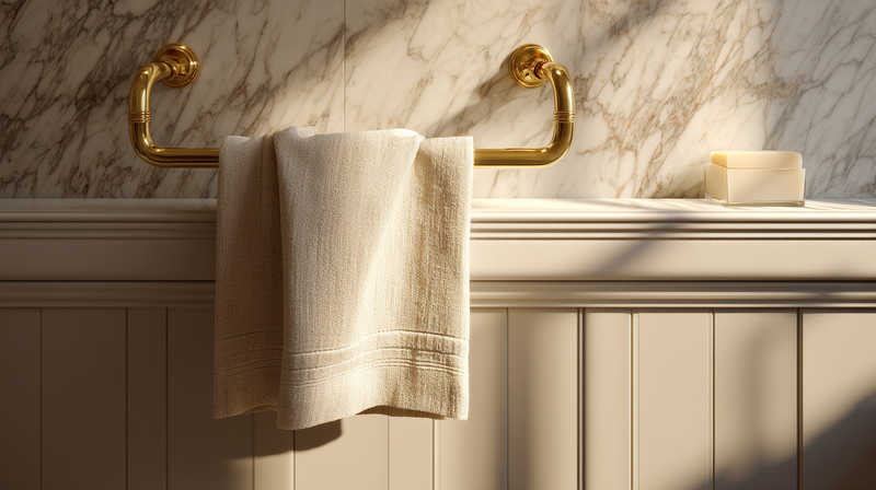 Honed Calacatta marble tile floor and matching low wainscot in a primary bathroom with brass towel ring