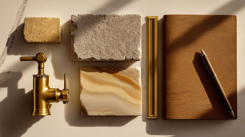 Brass tap, soapstone counter, travertine wall, and aged oak side by side — material-aging playbook samples in soft daylight