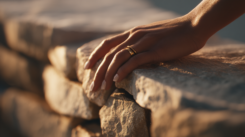 Hand resting on textured travertine beside woven linen and oak grain — tactile materials cueing parasympathetic calm