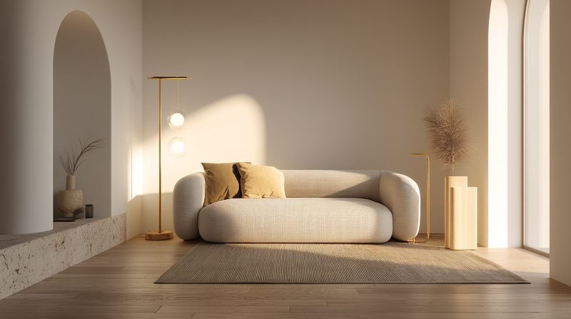 Midimalism interior with warm plaster walls, oak floor, and textured cream upholstery softened by tactile materials