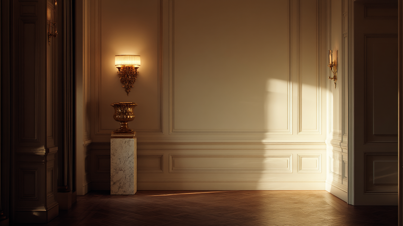 Minimalist living room with a single oak bench, large untouched cream wall, and one framed view of negative space